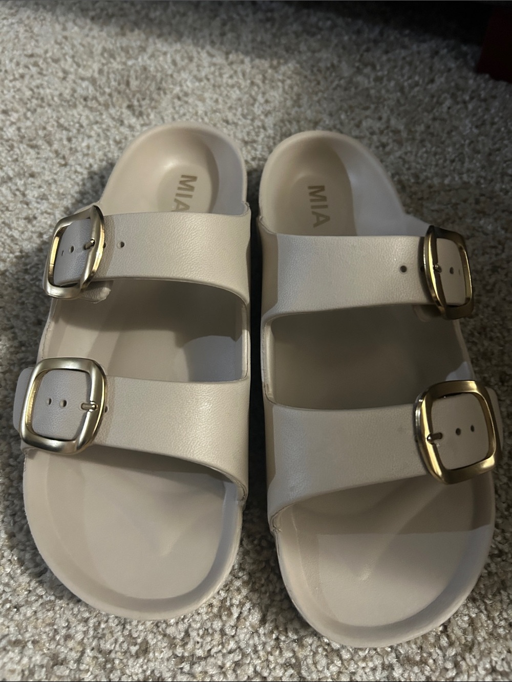 MIA Cream Double-Buckle Slide Sandals with Gold Buckles